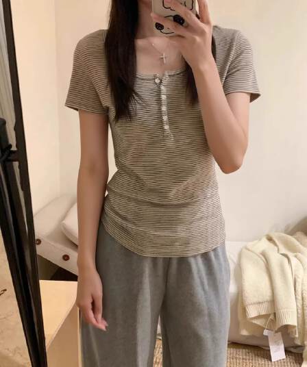 한 부서 레트로 스트라이프 단추 u 칼라 반팔 티셔츠 여성 여름 몸매 가꾸기 인사이드 가져 가라. 기본 셔츠 긍정적 인 어깨 슬림해 보이는 맨위 트렌디
