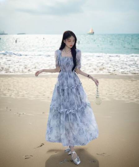 빅 사이즈 여성 의류 프랑스식 슈퍼 요정 캄파넬라 세과 꽃무늬 롱 스커트 통통한 여동생 센 부서 허리 수축 디스플레이 농땡이 부리다 첫사랑 쉬폰 드레스