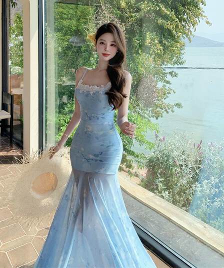 여름 발레 휴가 바람 슈퍼 요정 레이스 조각 슬립 드레스 망사 헤일로 염색 꽃무늬 인어 꼬리 치마 아름다운 순수한 욕망