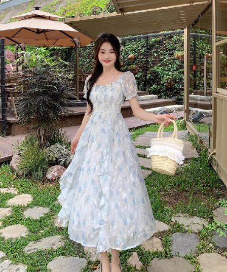 2026 새로운 지방 mm 여름 새로운 그는 벤 바람 관대 한 칼라 프릴 첫사랑 프랑스식 꽃무늬 쉬폰 드레스