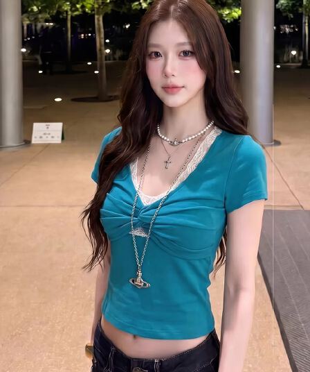 260 그램 사람들 면 반팔 티셔츠 여성 레이스 조각 V넥 비틀림 디자인 슬림해 보이는 핫걸 바람 쇼트 스타일 맨위 트렌디