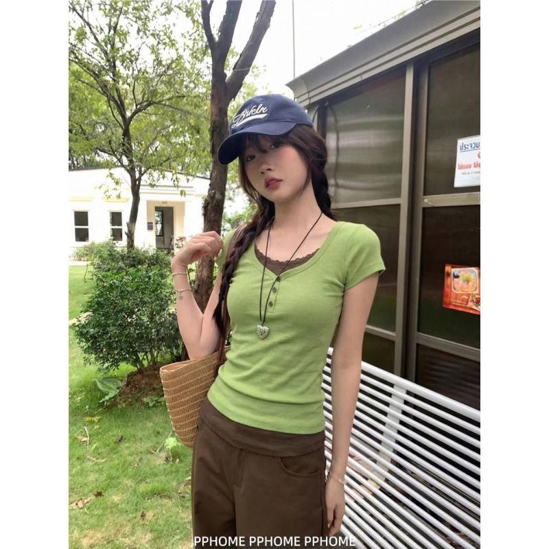프랑스 리브 원본 원단 페이크 레이어드 레이스 라운드 넥 반팔 티셔츠 여성 몸매 가꾸기 다용도 슬림해 보이는 맨위