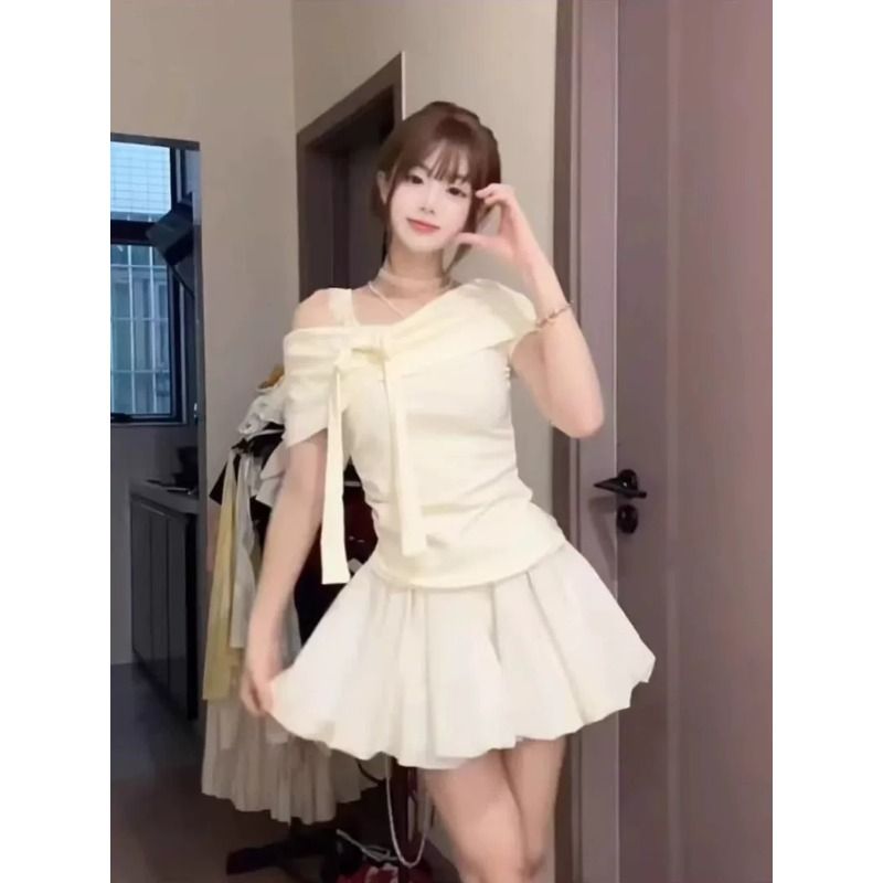 원본 것 디자인 센스 오프숄더 레이스 조각 나비 매듭 반팔 티셔츠 여성 여름 순수한 욕망 맨위