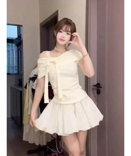 원본 것 디자인 센스 오프숄더 레이스 조각 나비 매듭 반팔 티셔츠 여성 여름 순수한 욕망 맨위