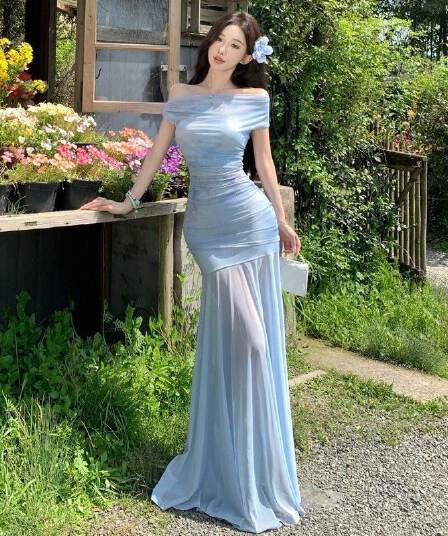 프랑스식 망사 패치워크 슬립 여성 드레스 여름 새로운 해변가 휴가 바람 허리 수축 슬림해 보이는 롱 스커트