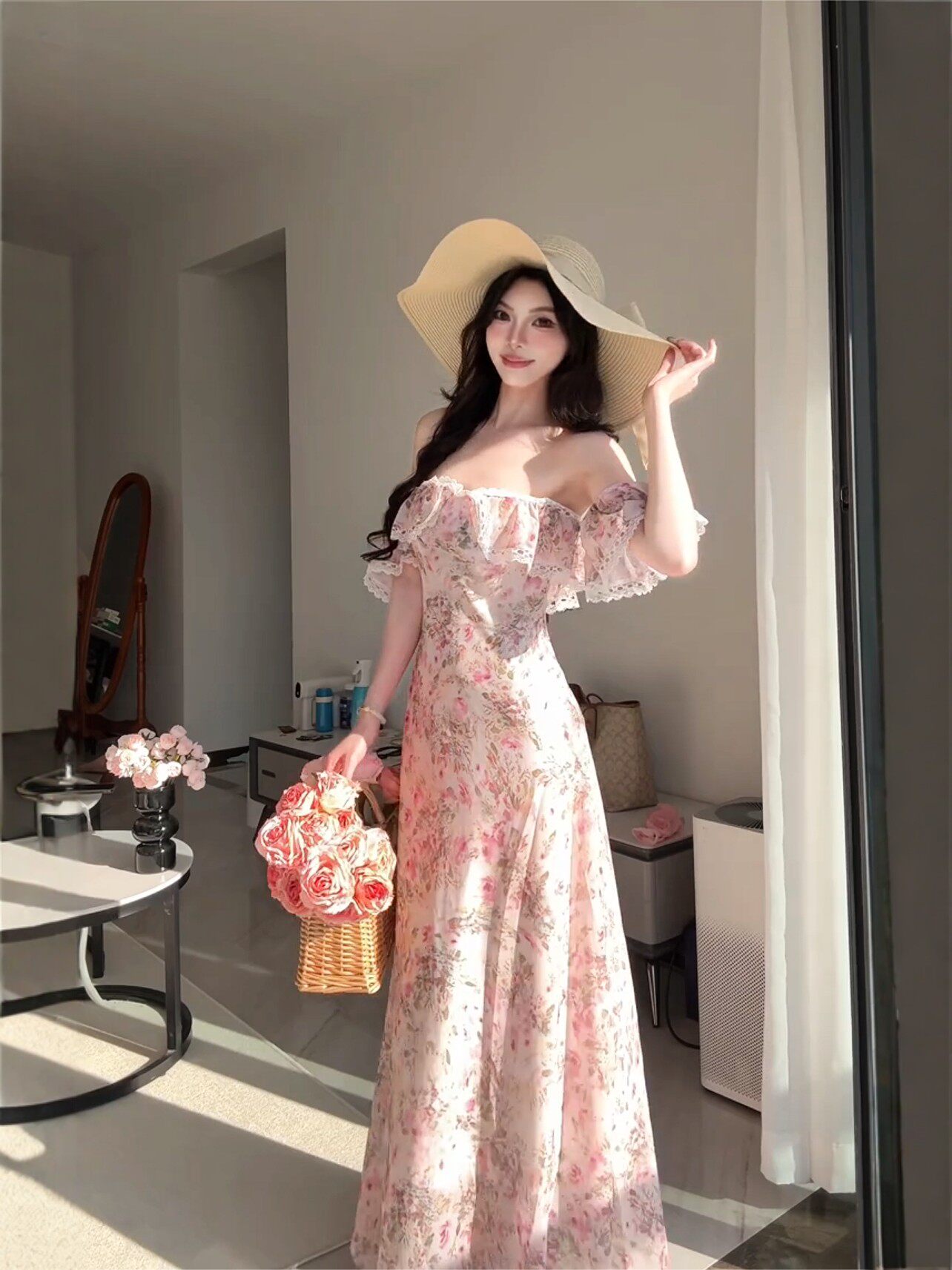 오프숄더 프랑스식 깨진 꽃차 휴식 여성 드레스 여름 휴가 부드러운 바람 롱 스커트 허리 수축 아름다운 품격 치마