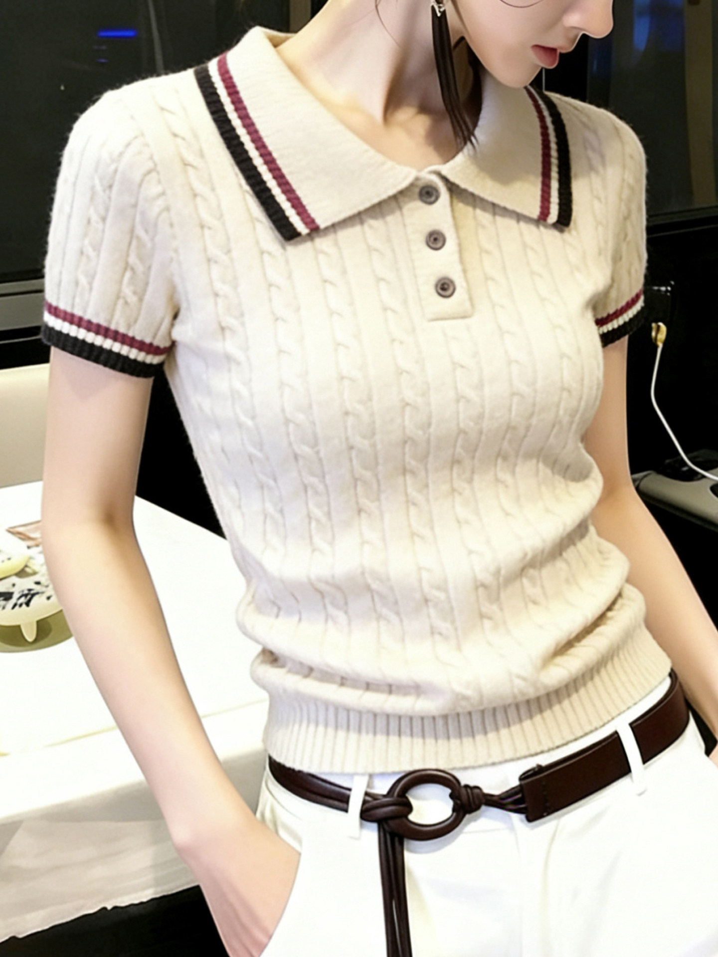 오래된 돈 바람 배색 POLO 칼라 얼음 실크 니트 반팔 티셔츠 여성 여름 몸매 가꾸기 프랑스식 고급 작은 셔츠 맨위