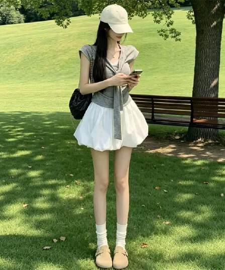 꽃밭 미니 스커트 여성 여름 새로운 하이웨이스트 루즈핏 작은 키 한 마디 퍼프 플리츠 반신 스커트