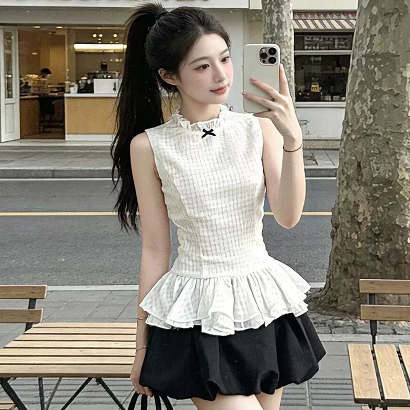 원본 것 한 부서 품격 민소매 체크무늬 맨위 달콤함 소녀 센스 꽃밭 치마 반신 미니 스커트 투피스 세트