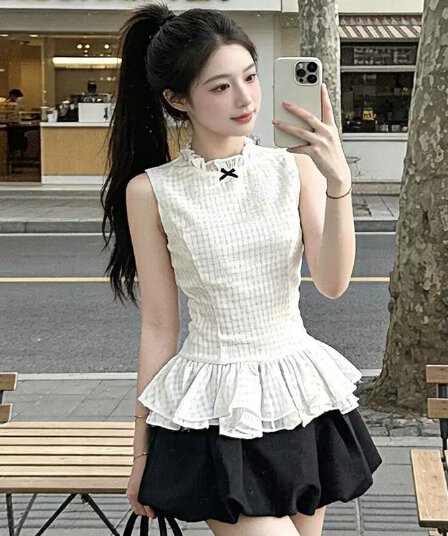 원본 것 한 부서 품격 민소매 체크무늬 맨위 달콤함 소녀 센스 꽃밭 치마 반신 미니 스커트 투피스 세트
