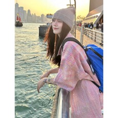 批发彩色格纹短袖衬衫女夏季宽松休闲设计感古巴领情侣泡泡纱格子衬衣