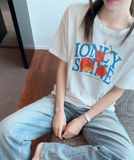21 순면 210 그램 이후 패키지 칼라 여름 드레스 한 부서 반팔 티셔츠 여성 한국 스타일 루즈핏 빅 사이즈 프린트