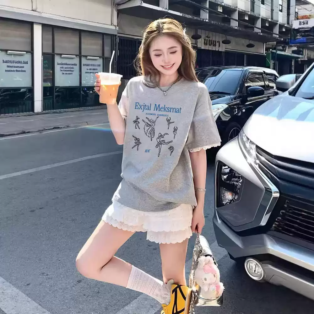 21 순면 210 그램 이후 패키지 칼라 여름 드레스 한 부서 반팔 티셔츠 여성 한국 스타일 루즈핏 빅 사이즈 프린트
