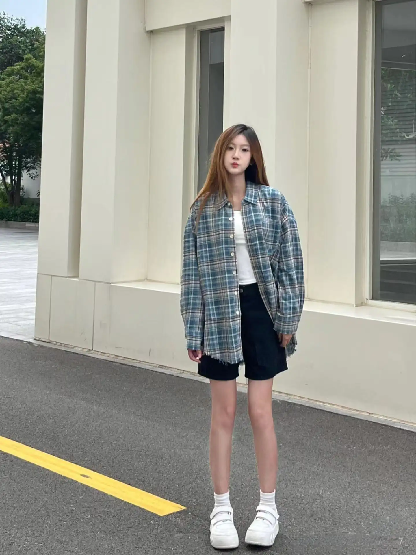 아메리칸 빈티지 체크 셔츠 와이드 카라 반소매 상세 이미지 3