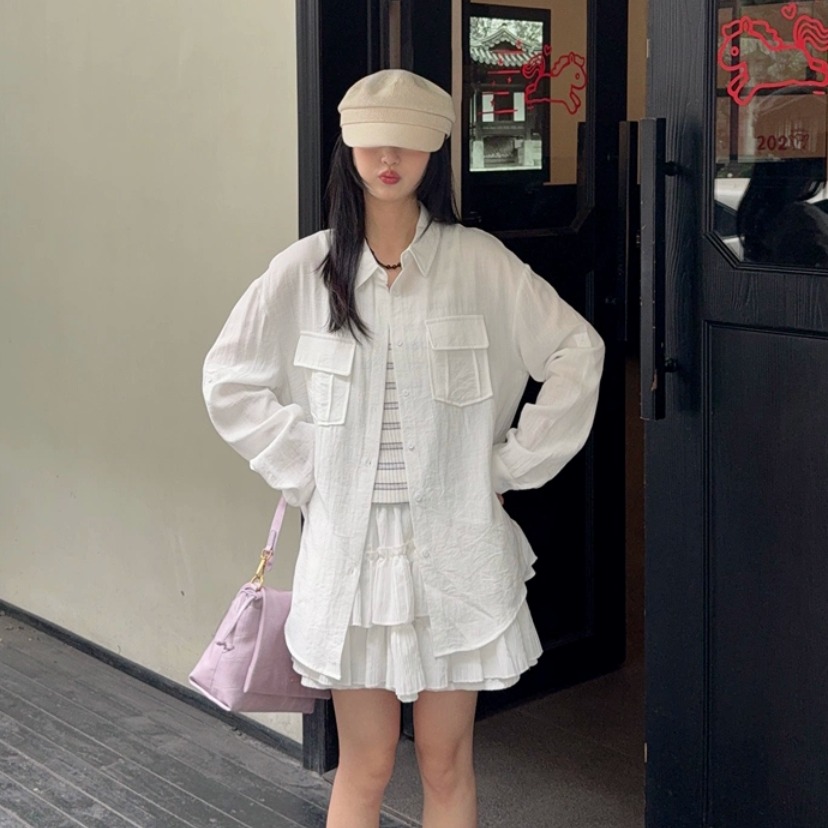 오래된 돈 바람 느슨함 센스 모방 아마 화이트 셔츠 맨위 여성 프랑스식 익스트림 제인 주간 실크 마이크로 ~을 통해 얇고 가벼운 자외선 차단 재킷