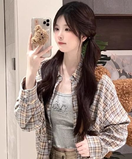 원본 원단 레트로 체크무늬 여성 셔츠 여름 디자인 센스 작은 대중 루즈핏 캐주얼 긴팔 자외선 차단 맨위 재킷