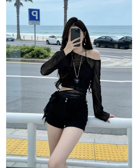 2026 순수한 욕망 핫걸 슈퍼 화재 연령 감소 여름 새로운 여성 의류 절묘한 착용 가져 가라. 자외선 차단 블라우스 비스듬한 칼라 오프숄더 맨위