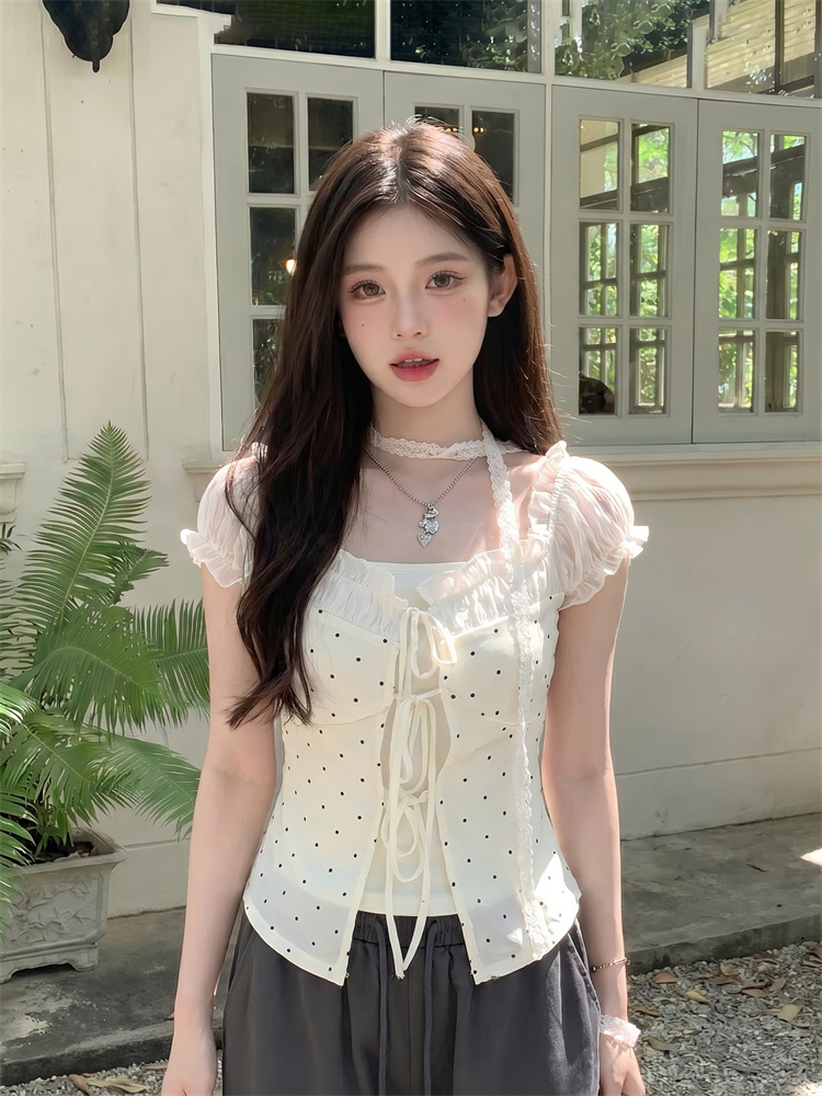 한 부서 부드러운 몸매 가꾸기 페이크 레이어드 도트 무늬 프린트 동점 벨트 리본 맨위 2026 여름 새로운