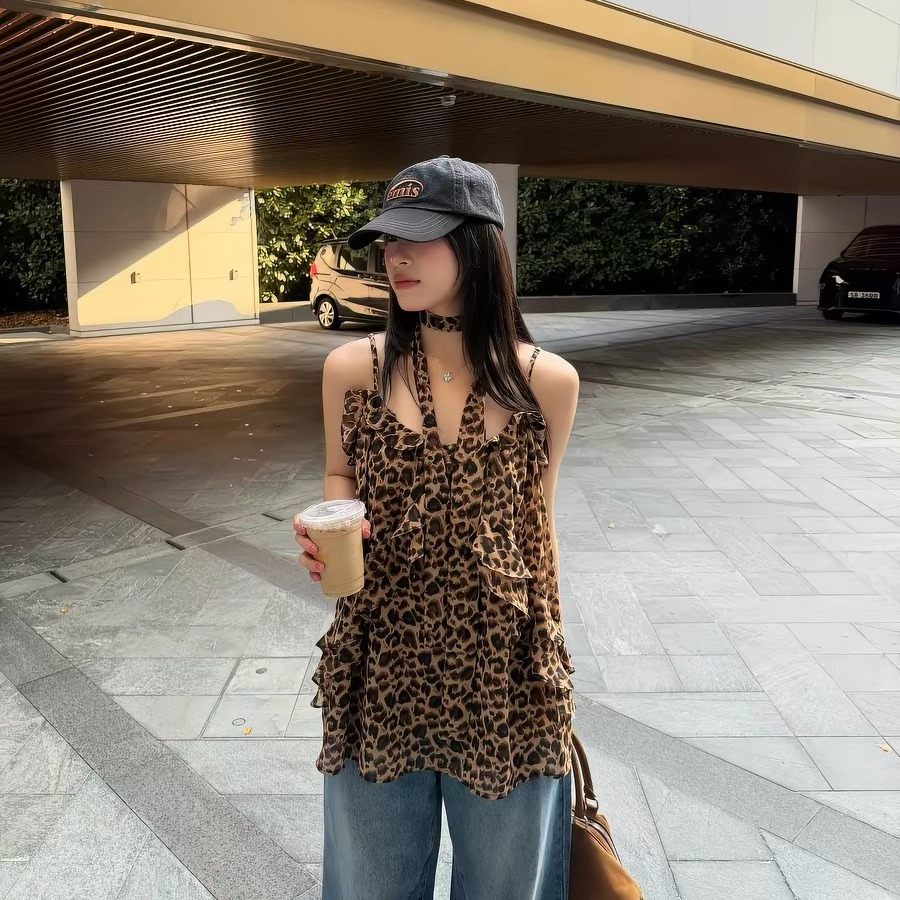 원본 쉬폰 천 네리 세련된 빛 ~을 통해 의류 여성 레오파드 무늬 프린트 캐미솔 여름 외출용 맨위 여성