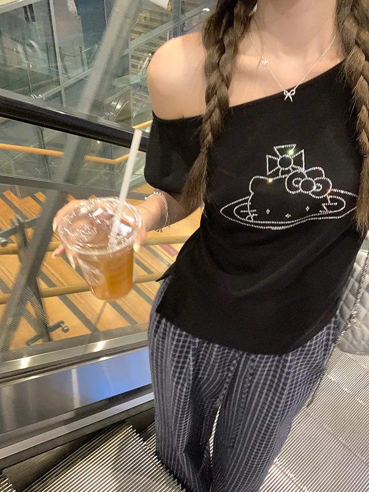 고양이 라인석 비대칭 오프숄더 반팔 티셔츠 상세 이미지 9
