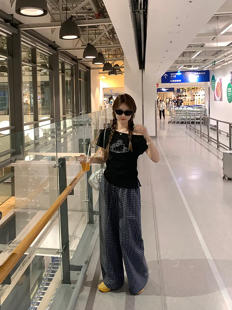 고양이 라인석 비대칭 오프숄더 반팔 티셔츠 상세 이미지 10