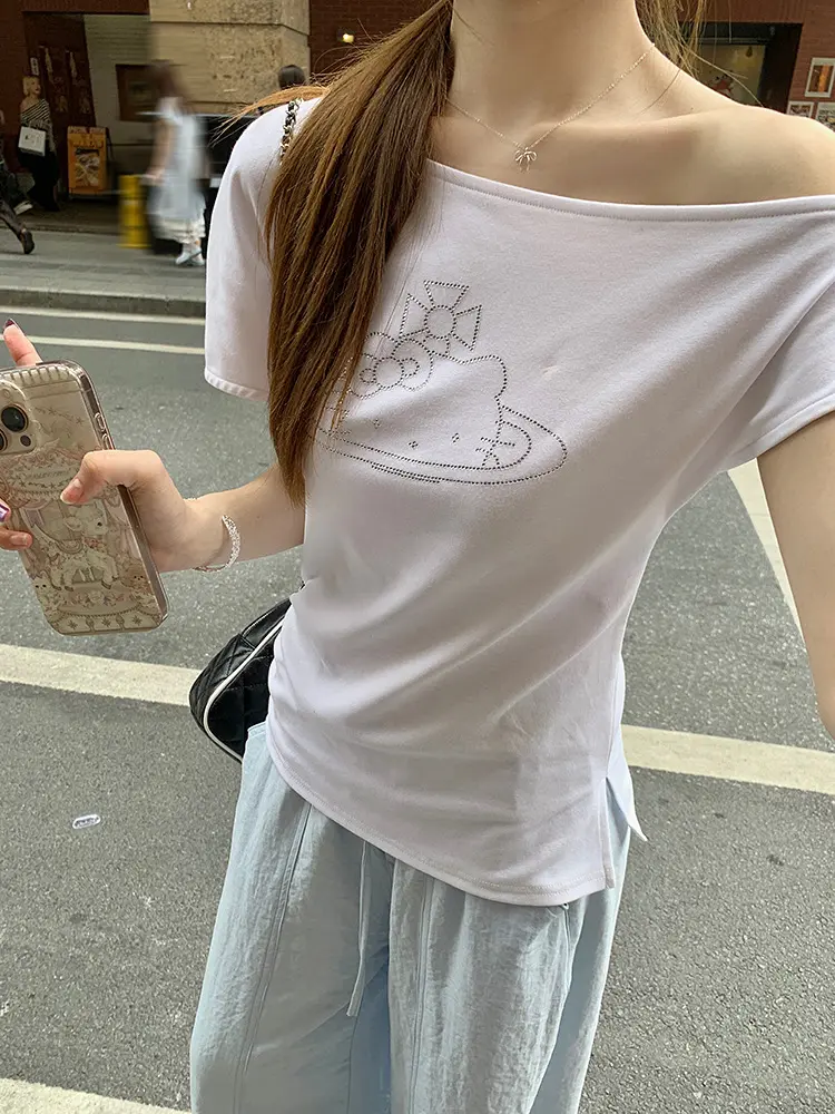 고양이 라인석 비대칭 오프숄더 반팔 티셔츠 상세 이미지 14