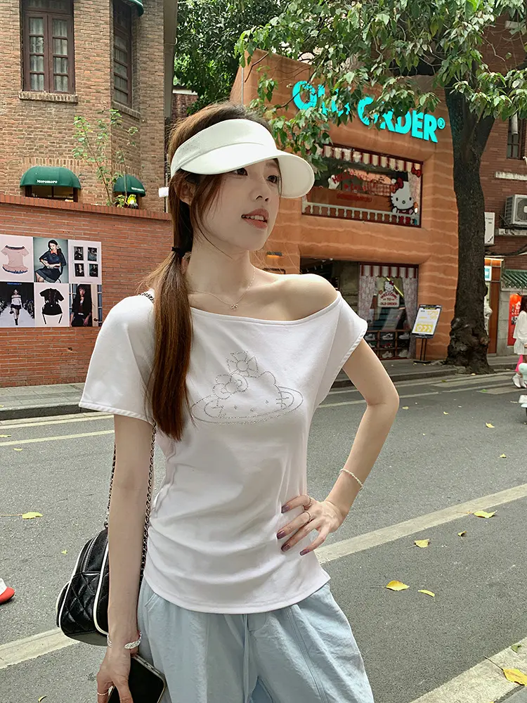 고양이 라인석 비대칭 오프숄더 반팔 티셔츠 상세 이미지 15