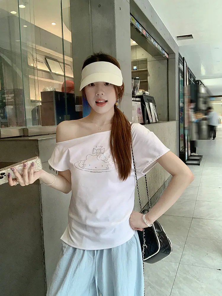 고양이 라인석 비대칭 오프숄더 반팔 티셔츠 상세 이미지 16