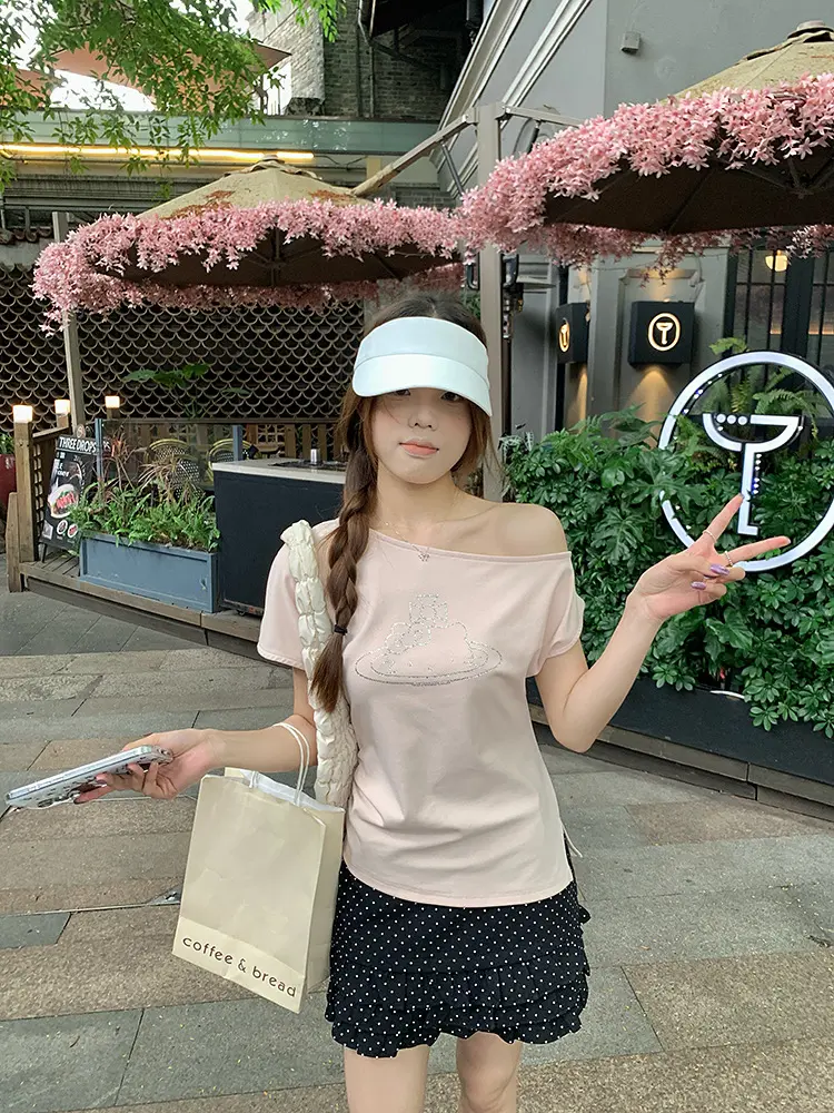 고양이 라인석 비대칭 오프숄더 반팔 티셔츠 상세 이미지 18