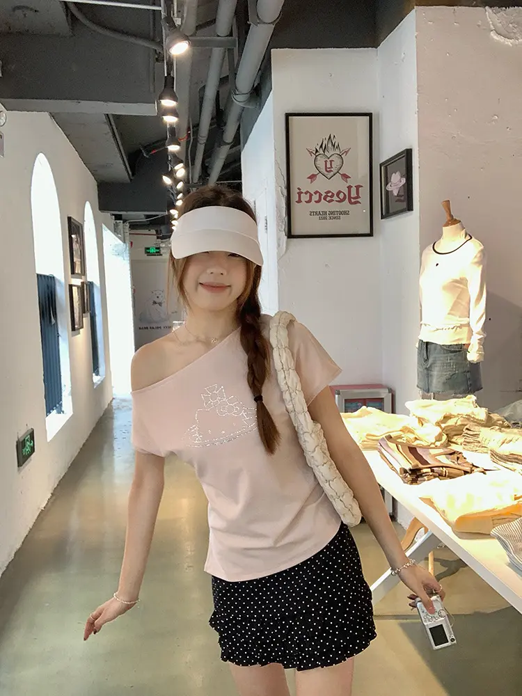 고양이 라인석 비대칭 오프숄더 반팔 티셔츠 상세 이미지 20