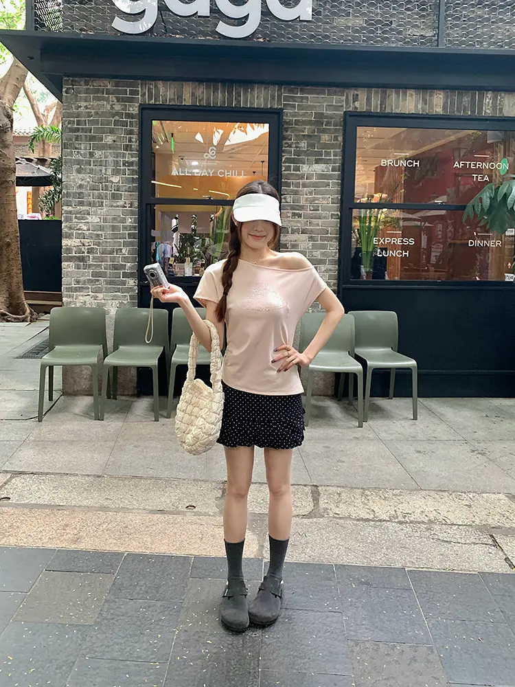 고양이 라인석 비대칭 오프숄더 반팔 티셔츠 상세 이미지 21