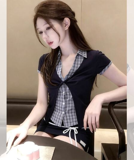 학원 스타일 페이크 레이어드 반팔 여성 셔츠 여름 배색 패치워크 체크무늬 긍정적 인 어깨 셔츠 몸매 가꾸기 슬림해 보이는 맨위 트렌디