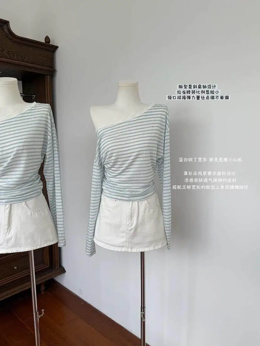 블루 스트라이프 원숄더 레이스 티셔츠 상세 이미지 6