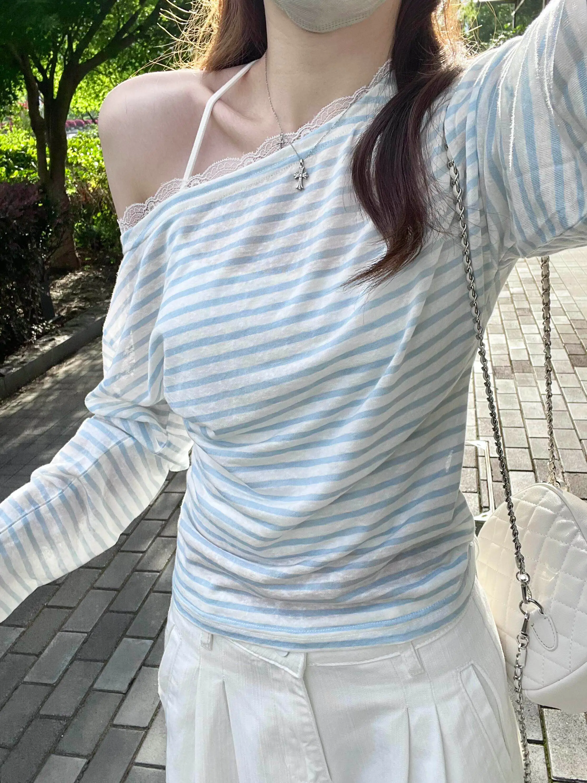 블루 스트라이프 원숄더 레이스 티셔츠 상세 이미지 9