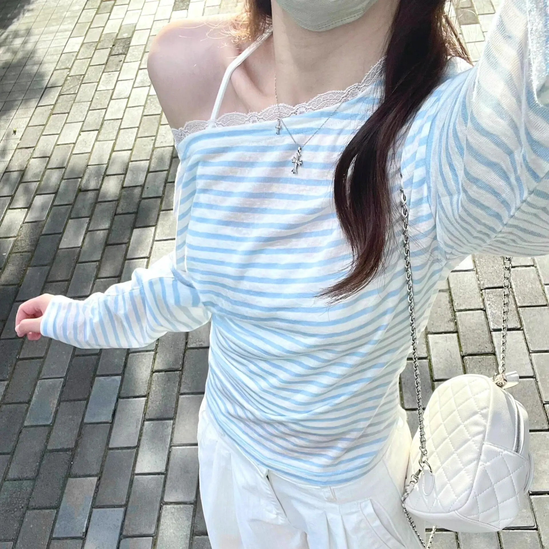 블루 스트라이프 원숄더 레이스 티셔츠 상세 이미지 12