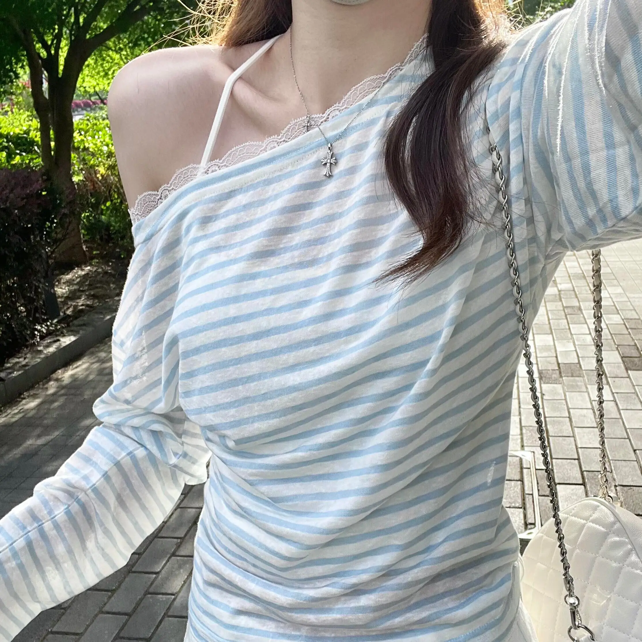블루 스트라이프 원숄더 레이스 티셔츠 상세 이미지 13