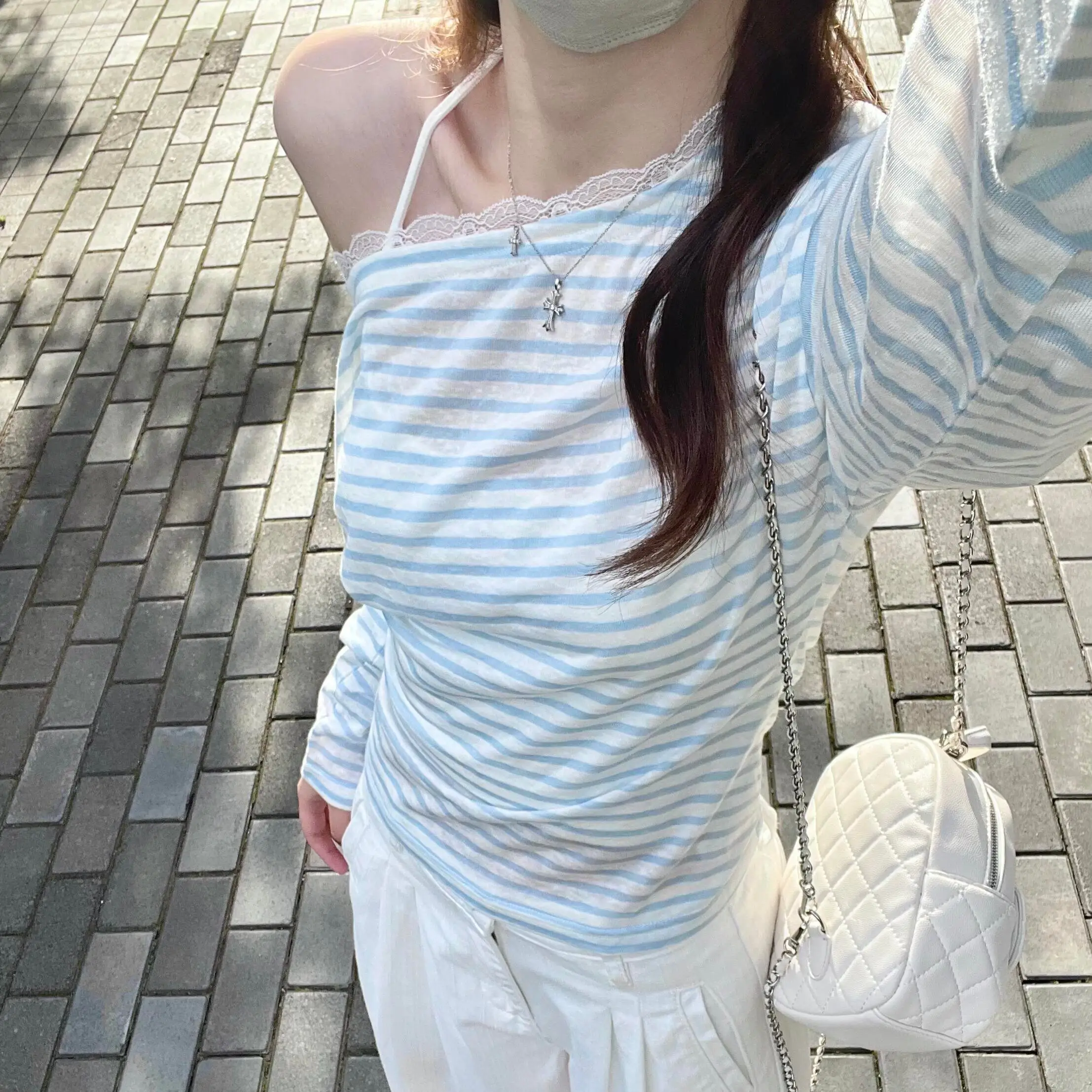 블루 스트라이프 원숄더 레이스 티셔츠 상세 이미지 15