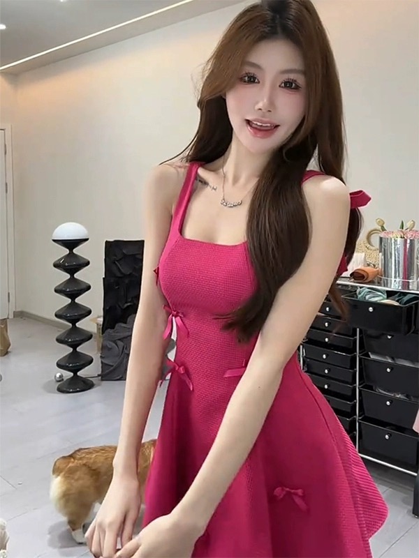 장미 핑크색 나비 매듭 광장 칼라 슬립 여성 드레스 여름 순수한 욕망 바람 치마 고급 센스 품격 한 마디 미니 스커트