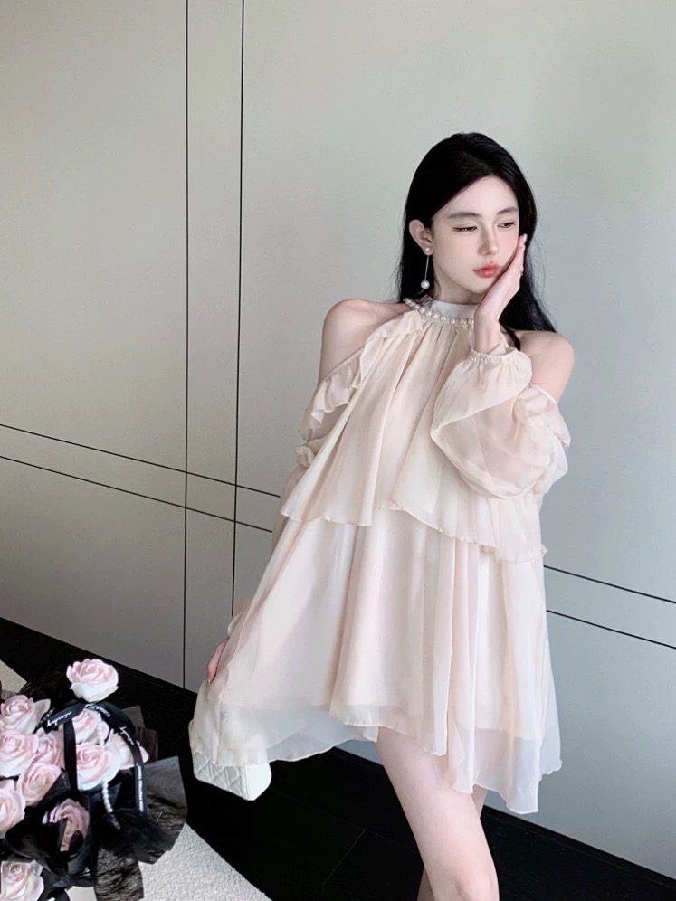 프랑스식 살구 색상 진주 행침 목 오프숄더 순수한 욕망 여성 드레스 2025 여름 섹시함 달콤함 긴팔 쉬폰 드레스