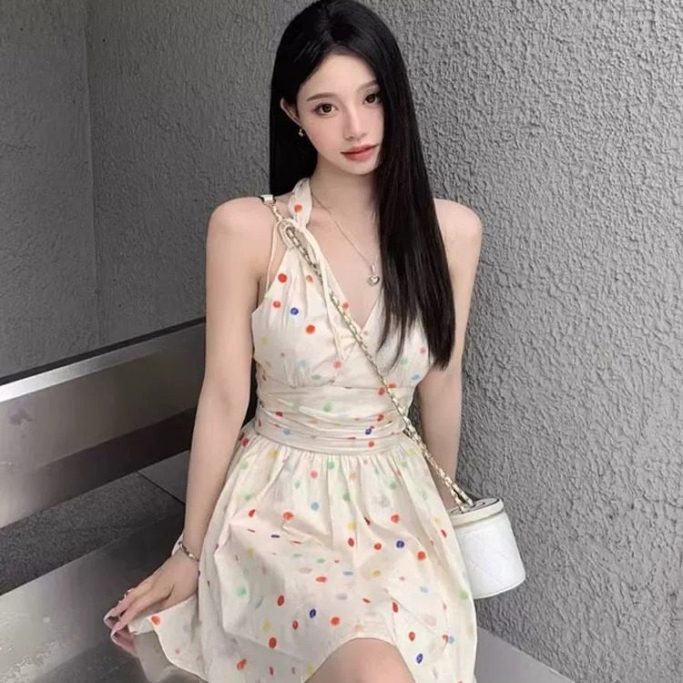 프랑스식 달콤한 스타일 색상 도트 무늬 행침 목 미니 스커트 레트로 품격 고급 센스 허리 수축 슬림해 보이는 살구 색상 점프 슈트 치마