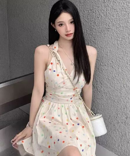 프랑스식 달콤한 스타일 색상 도트 무늬 행침 목 미니 스커트 레트로 품격 고급 센스 허리 수축 슬림해 보이는 살구 색상 점프 슈트 치마