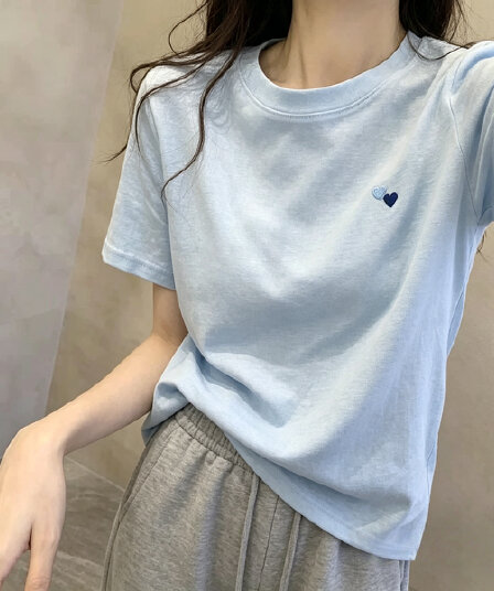 황색 자수 반팔 티셔츠 여성 긍정적 인 어깨 여름 새로운 라운드 넥 루즈핏 캐주얼 인사이드 가져 가라. 표지 고기 패션 맨위 면