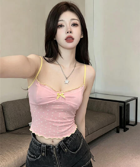 여름 새로운 하트 프린트 패치워크 배색 조끼 귀여운 챠밍 섹시함 휴가 바람 망사 슬립 여성