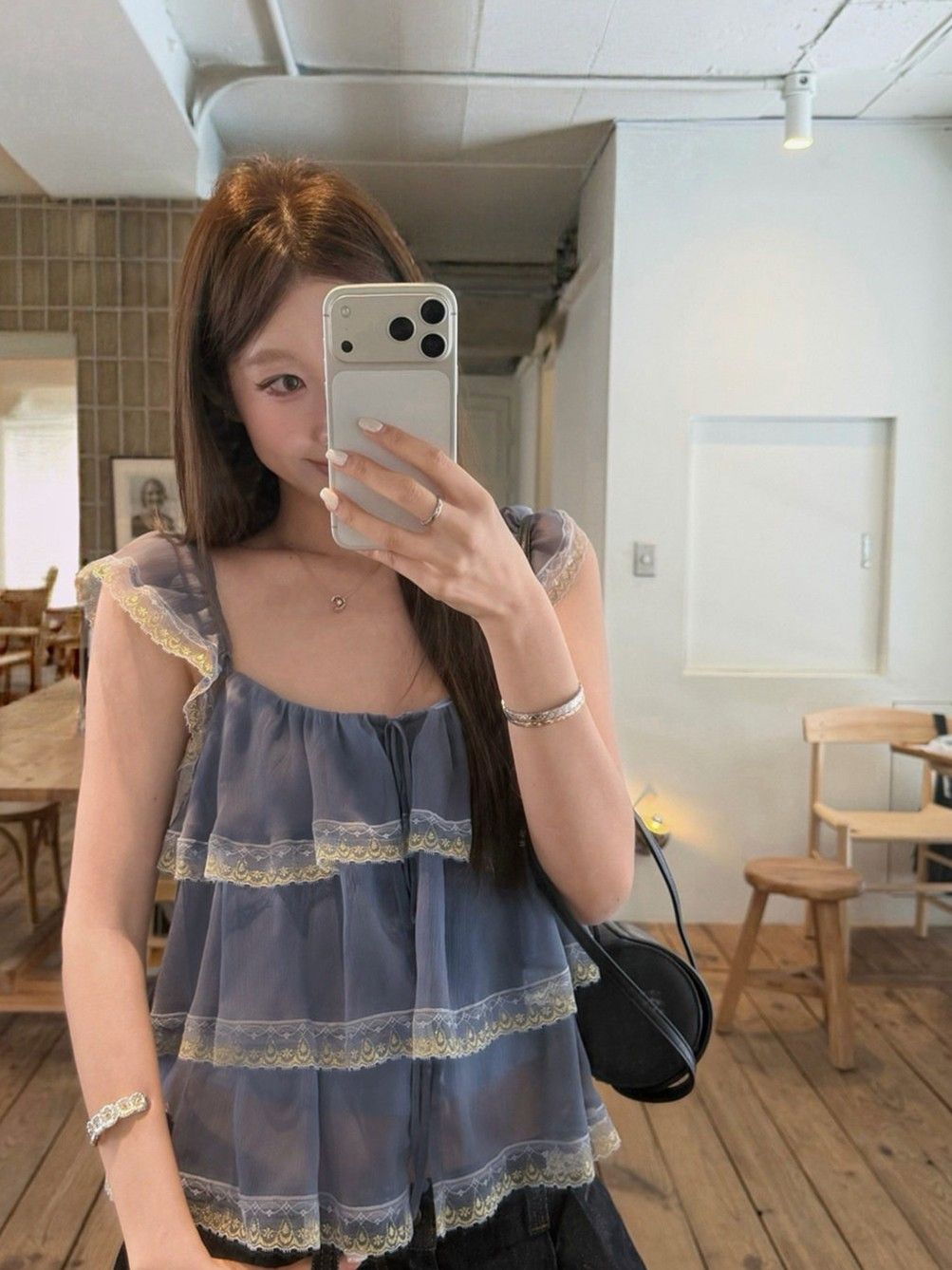 한 스타일 달콤함 프릴 레이스 조각 시폰 셔츠 여성 여름 반팔 파란색 케이크 실 Chic 맨위 작은 셔츠