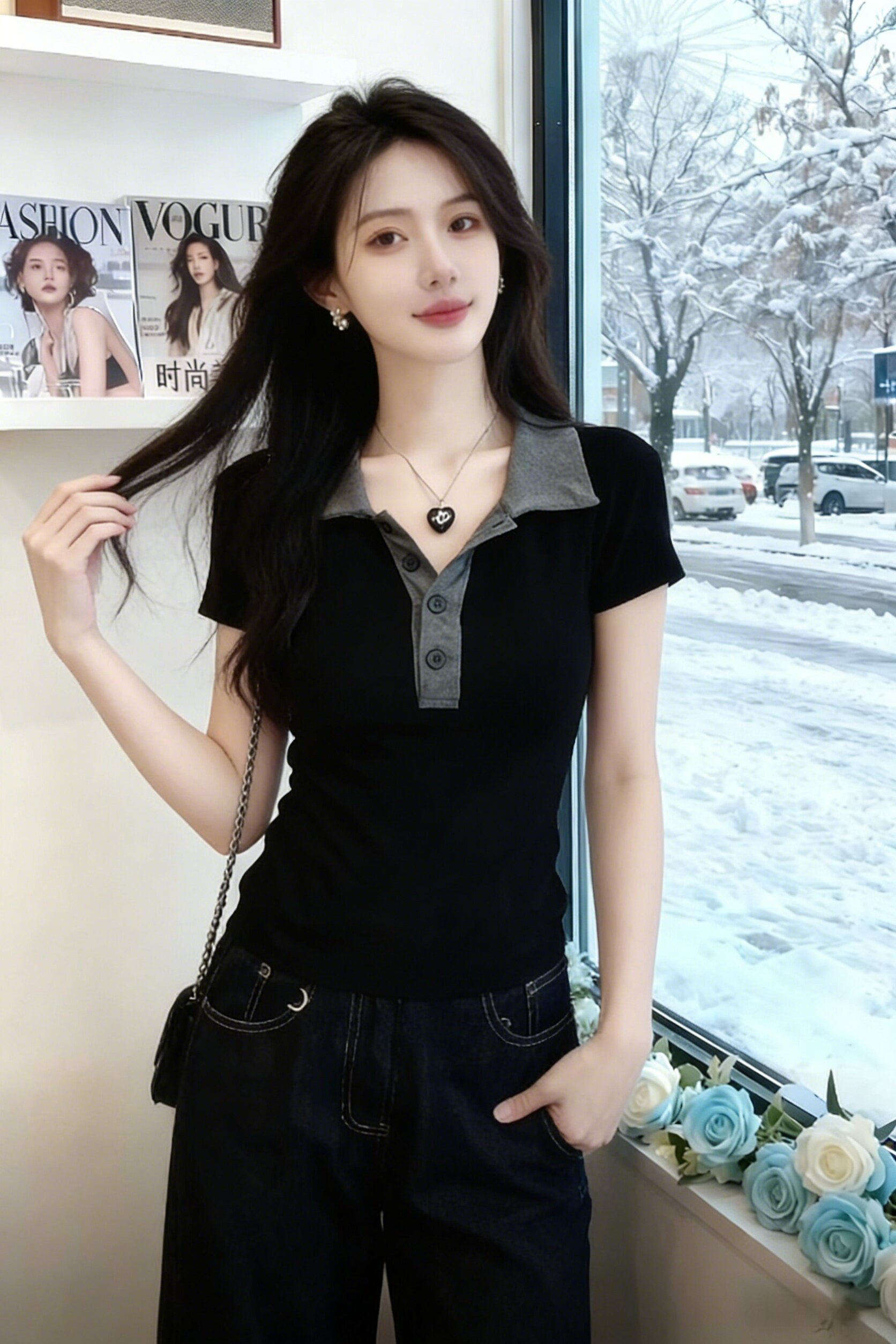 블랙 회색 폴로 칼라 몸매 가꾸기 슬림해 보이는 만나는 반팔 티셔츠 잘 생긴 특별 아름다운 꼬집기 허리 위로 의류