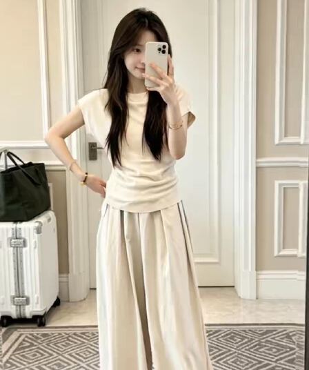 자이언트 잘 생긴 ootd 착용 가져 가라. 전체 집합 2026 새로운 반팔 티셔츠 여성 여름 와이드 레그 팬츠 캐주얼 투피스 슈트