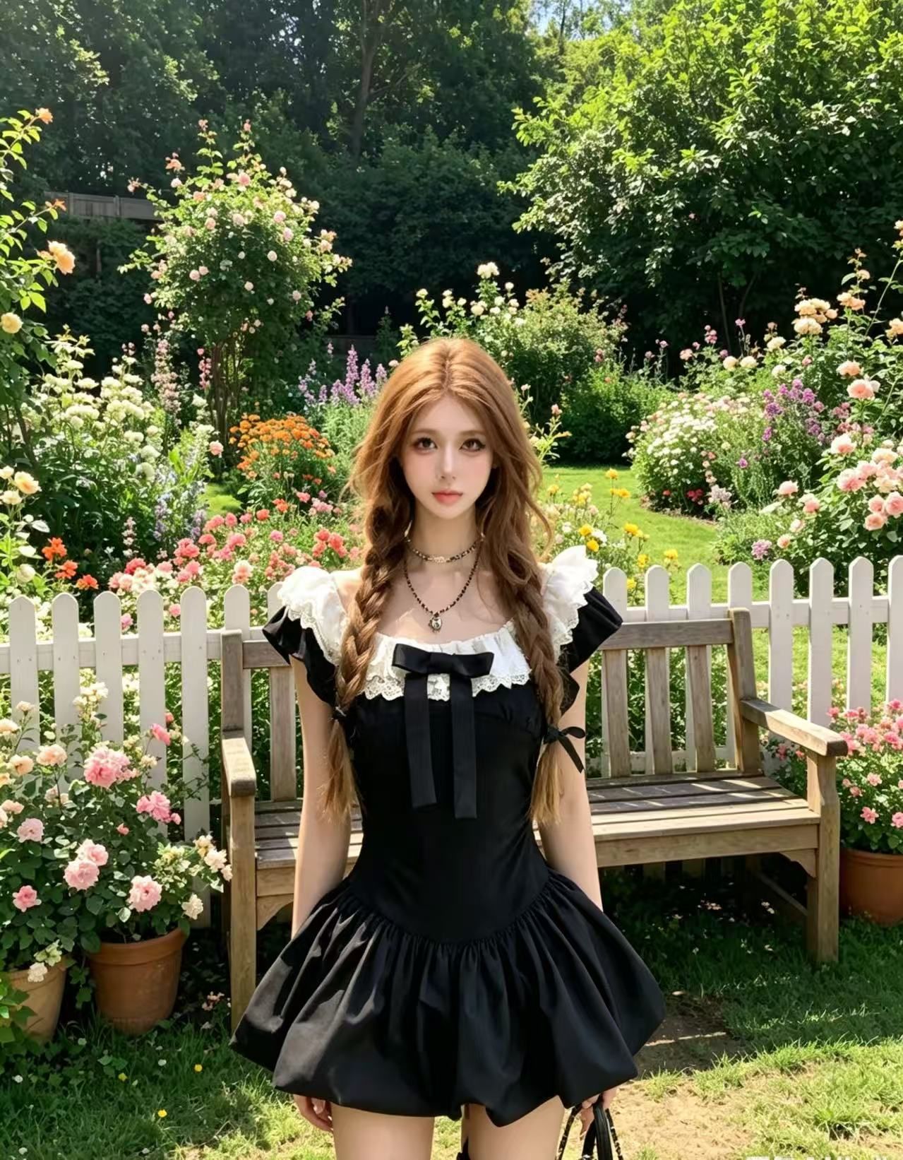 순수한 욕망 달콤함 미니 스커트 여름 허리 수축 슬림해 보이는 부유 한 가족 천 금빛 바람 작은 날다 소매 나비 매듭 검정색 드레스 아이들
