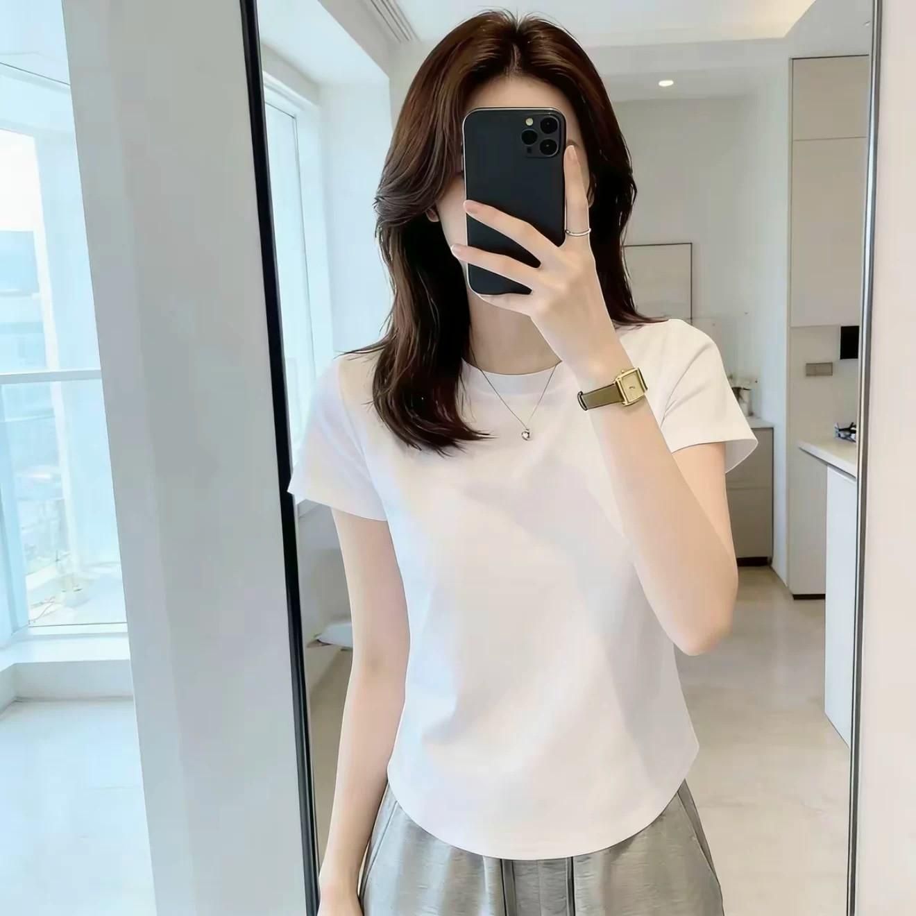 유럽 상품 화이트 긍정적 인 어깨 반팔 티셔츠 여성 2026 봄 여름 새로운 몸매 가꾸기 곡선 표지 배 품격 맨위 외출용 트렌디