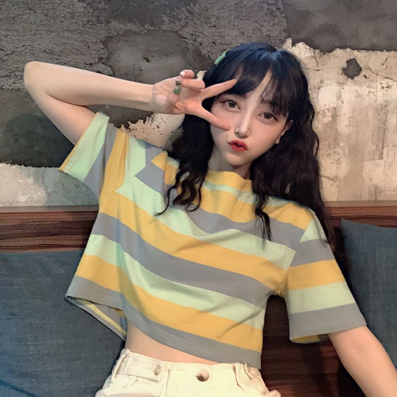 스트라이프 배색 긍정적 인 어깨 주름 반팔 티셔츠 여성 여름 몸매 가꾸기 디자인 센스 한 싱글 대외 무역 국경 간 폭발