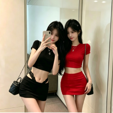 批发时尚休闲风套装紧身<b class='q'>短袖</b>T恤女夏季高腰包臀半身裙短裙辣妹两件套